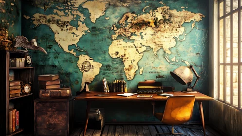 Vintage writer&rsquo;s study glows before a giant world map wall.