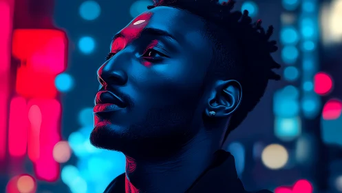 Neon‑lit urban portrait with high contrast chromatic modeling.