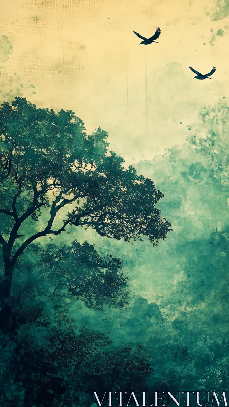 Silhouetted forest canopy with soaring birds in misty light.