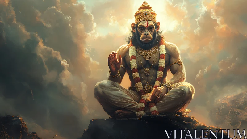 Simian-headed deity figure seated on rock amid clouds.