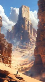 Colossal stratified desert megastructure rises amid eroded canyon