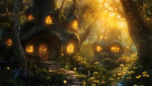 Forest dwellings with illuminated windows under warm light.