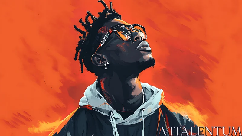 Digital portrait of man in hoodie against vivid orange field.