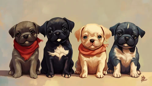 Four stylized pug puppies in line with red bandanas, soft light
