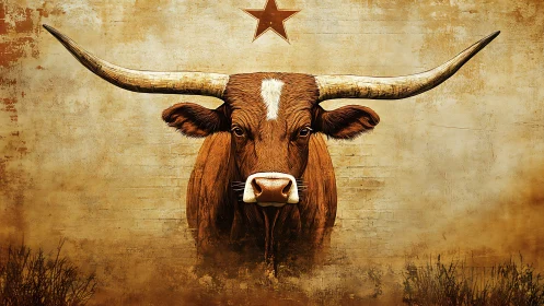 Texas longhorn portrait dominates rustic textured wall scene