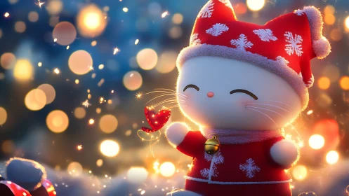 Cozy winter kitten glowing with gentle holiday magic.