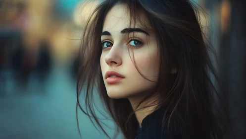 Gentle city evening portrait with soft, thoughtful gaze.