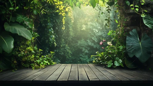 Wooden platform overlook of dense green forest vegetation.