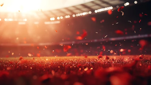 Glowing stadium turf welcomes drifting petals in warm light