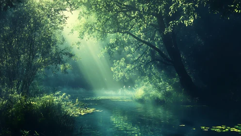 Sunlit forest river glows softly in a tranquil emerald haze