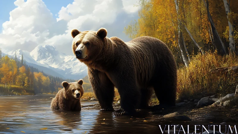 Mother bear and curious cub exploring a golden riverbank.