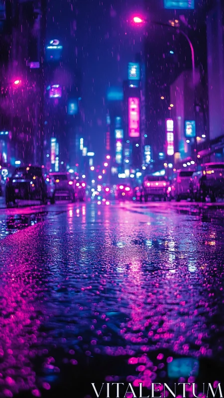 Neon city street glows through rain soaked reflective asphalt.