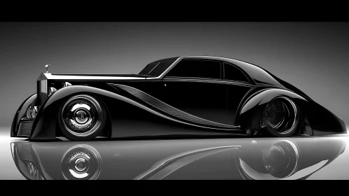 Streamlined black luxury coupe in high-gloss studio render.