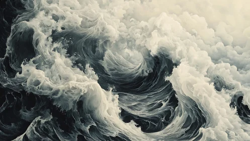 Roaring monochrome ocean waves twist into sculpted foam.