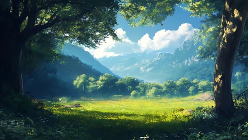 Enchanted Valley: Sunlit Meadow Beneath Ancient Trees