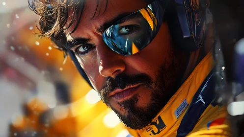 Photorealistic racing portrait with reflective visor focus.