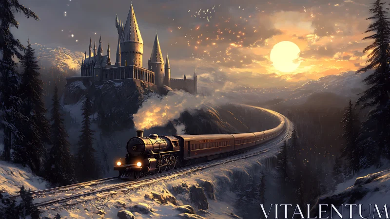 Magical winter train winding toward a glowing cliffside castle.