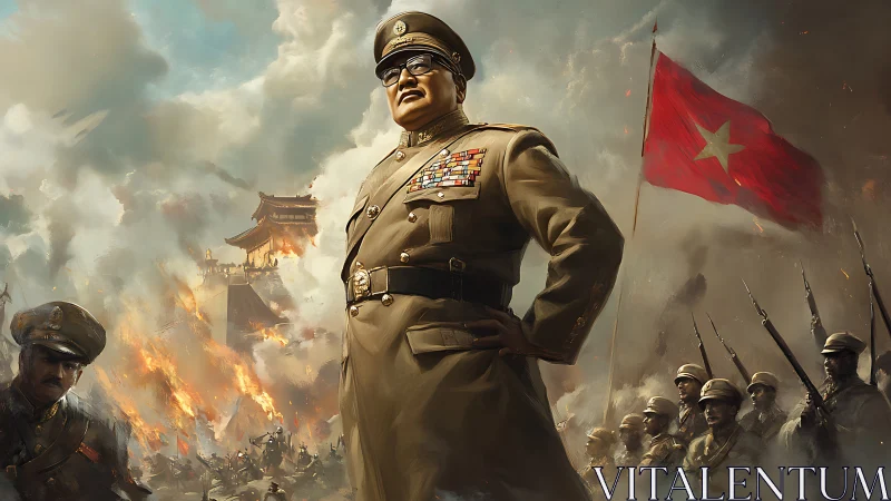 Triumphant general before burning city and war-torn sky.