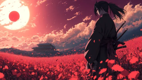 Samurai silhouette in crimson field under eclipsed sun.