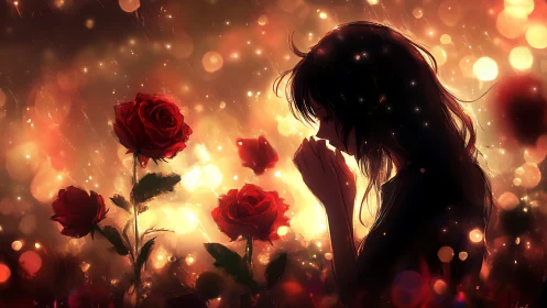 Backlit anime silhouette studies roses under defocused golden bokeh