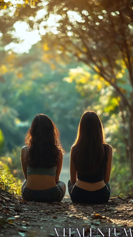 Backlit friends seated on forest path with shallow depth of field