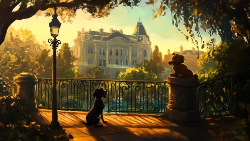 Golden hour terrace with dogs overlooking grand chateau.