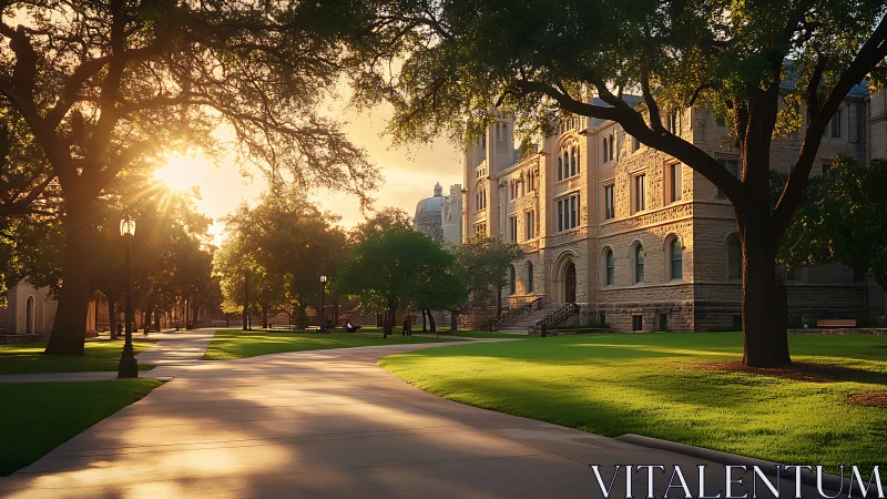 University campus walkway at sunrise with historic building.