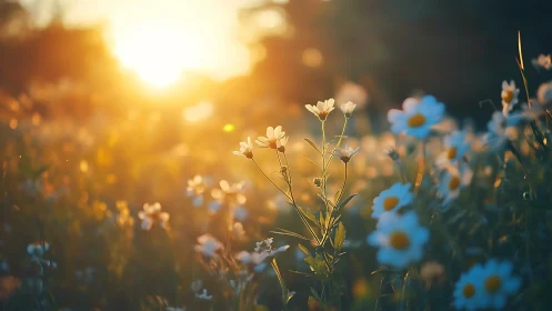 Soft sunrise glow over wild daisies in gentle meadow light.