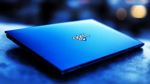 Sleek blue laptop lid reflects cool ambient studio light.