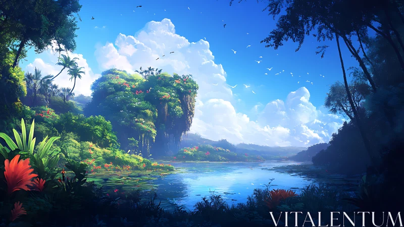 Lush tropical river valley under vivid blue daytime sky.