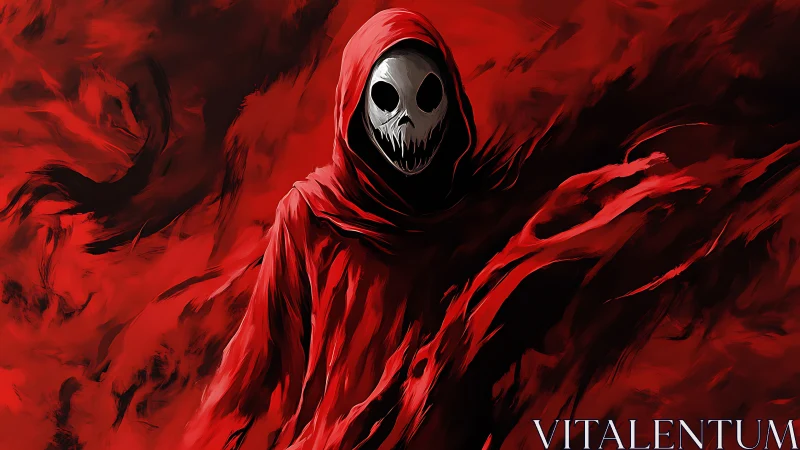 Red spectral reaper draped in torn cloak amid turbulent brushstrokes