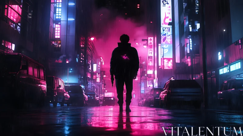 Silhouetted figure crosses neon street in rain-soaked cyberpunk alley