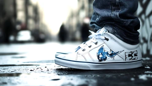 Sneakered footsteps sketch bold stories across blurred city streets