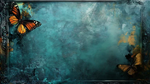 Teal textured frame background with two orange butterflies.