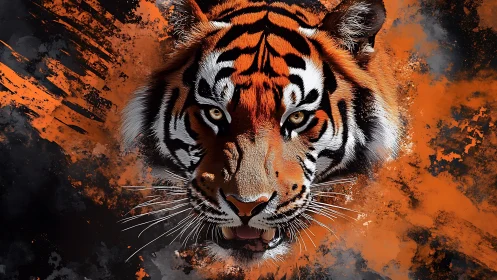 Chromatic vector tiger head in explosive pigment cloud focus.