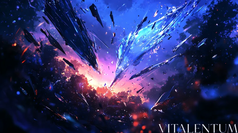 Shattered crystalline meteor breaks atmosphere over dense forest canopy