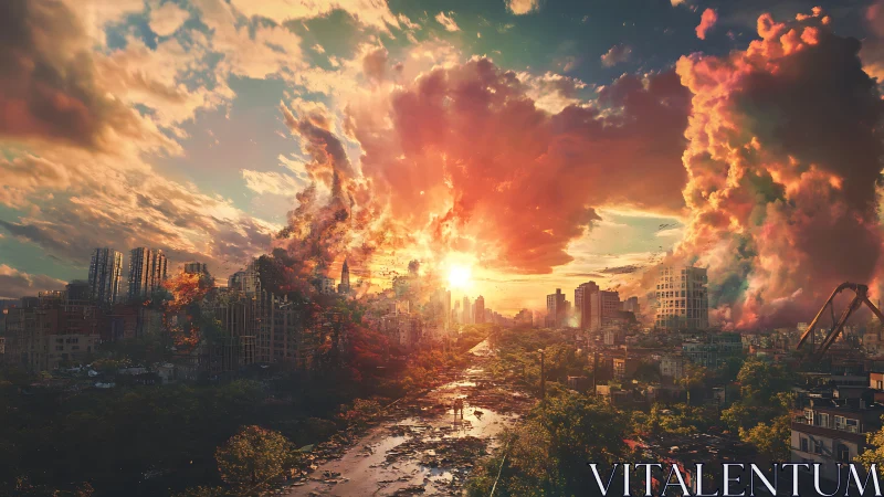 Apocalyptic city skyline ignites beneath surreal burning clouds.