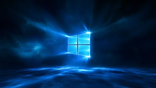 Radiant blue window logo glows over a misty digital horizon