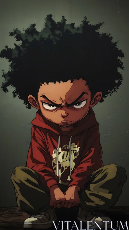 Defiant cartoon boy in hoodie holds intense seated stare.