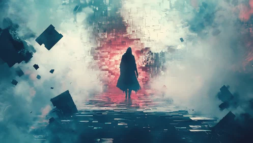 Hooded figure crossing fragmented neon data mist corridor.