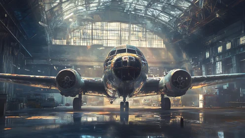 Sunlit vintage airplane resting quietly in a vast hangar.