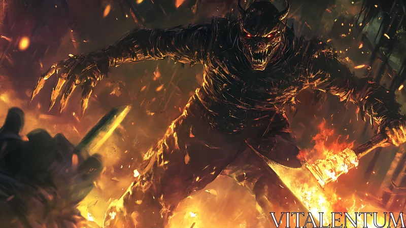 Infernal blade-wielding demon lunges through pyroclastic melee.