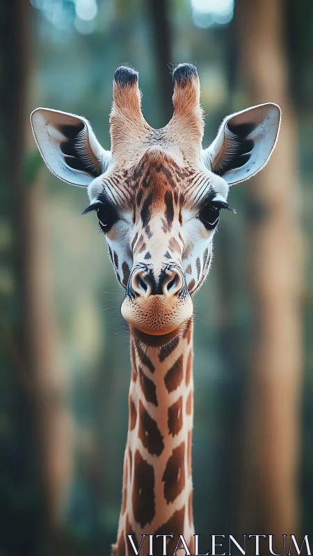 Gentle giraffe gazes calmly amid softly blurred forest