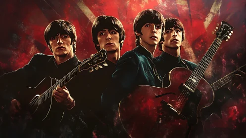 Legendary rock band captured in bold, glowing concert art.