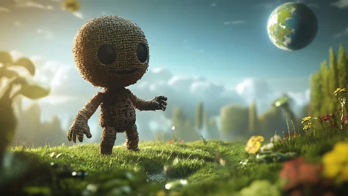 Textured burlap figure stands on stylized grassy landscape