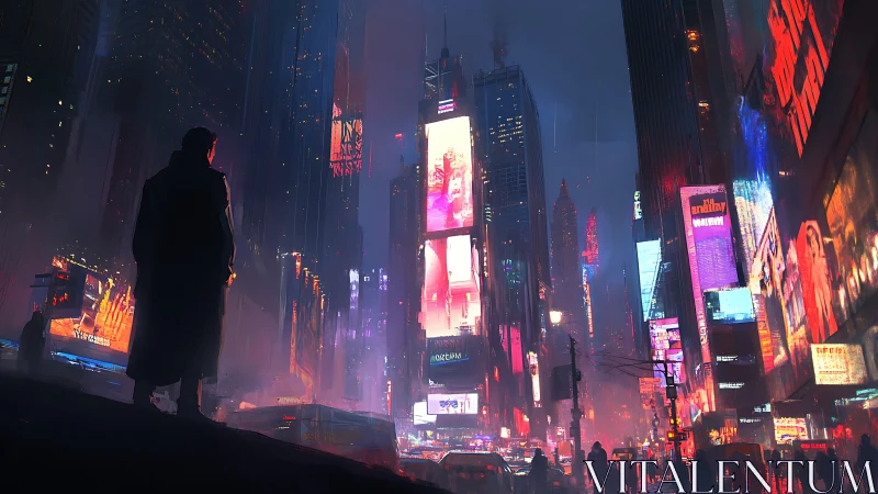 Lone drifter overlooking neon-drenched cyberpunk cityscape.