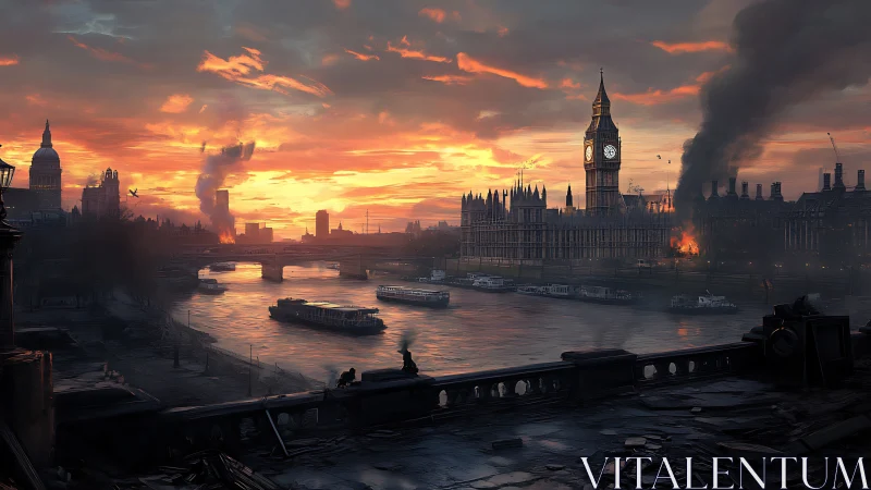 Burning London skyline meets serene sunset over Thames.