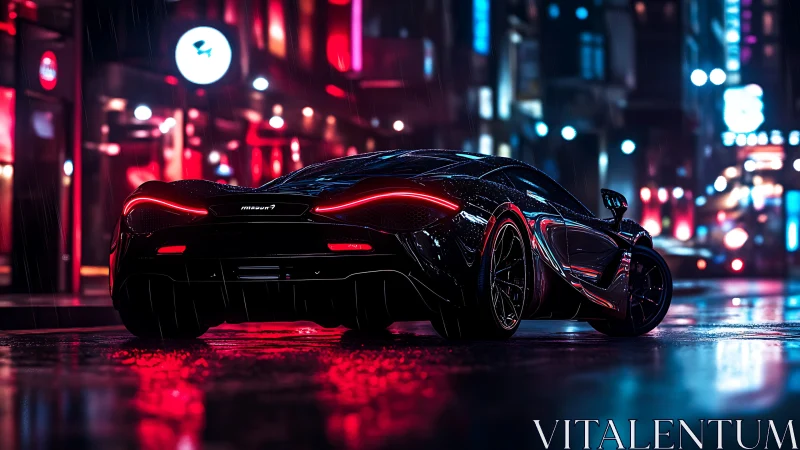 Black supercar on wet neon city street at night scene.