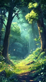 Enchanted forest pathway bathed in golden morning light