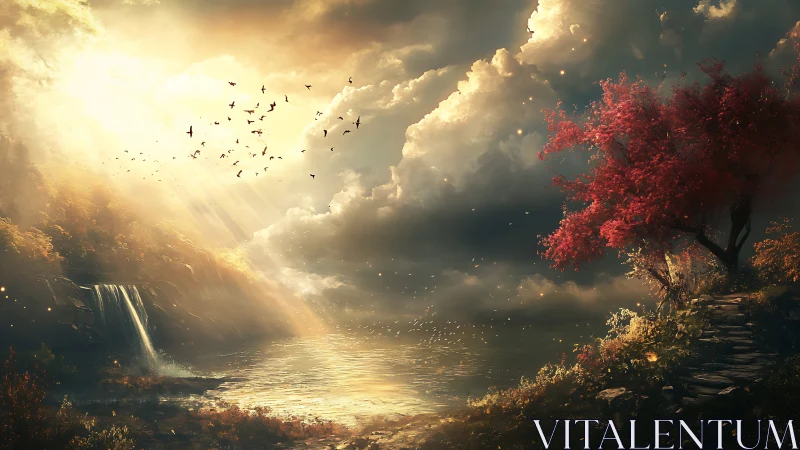 Sunlit waterfall lake beneath storm clouds and red tree.